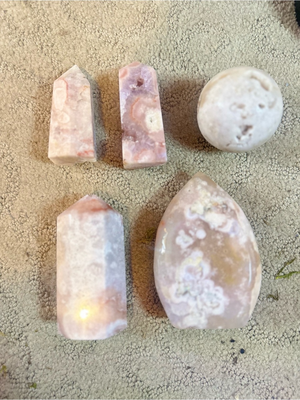 5 Piece Pink Amethyst Flower Agate Bundle: Towers Sphere & Teardrop